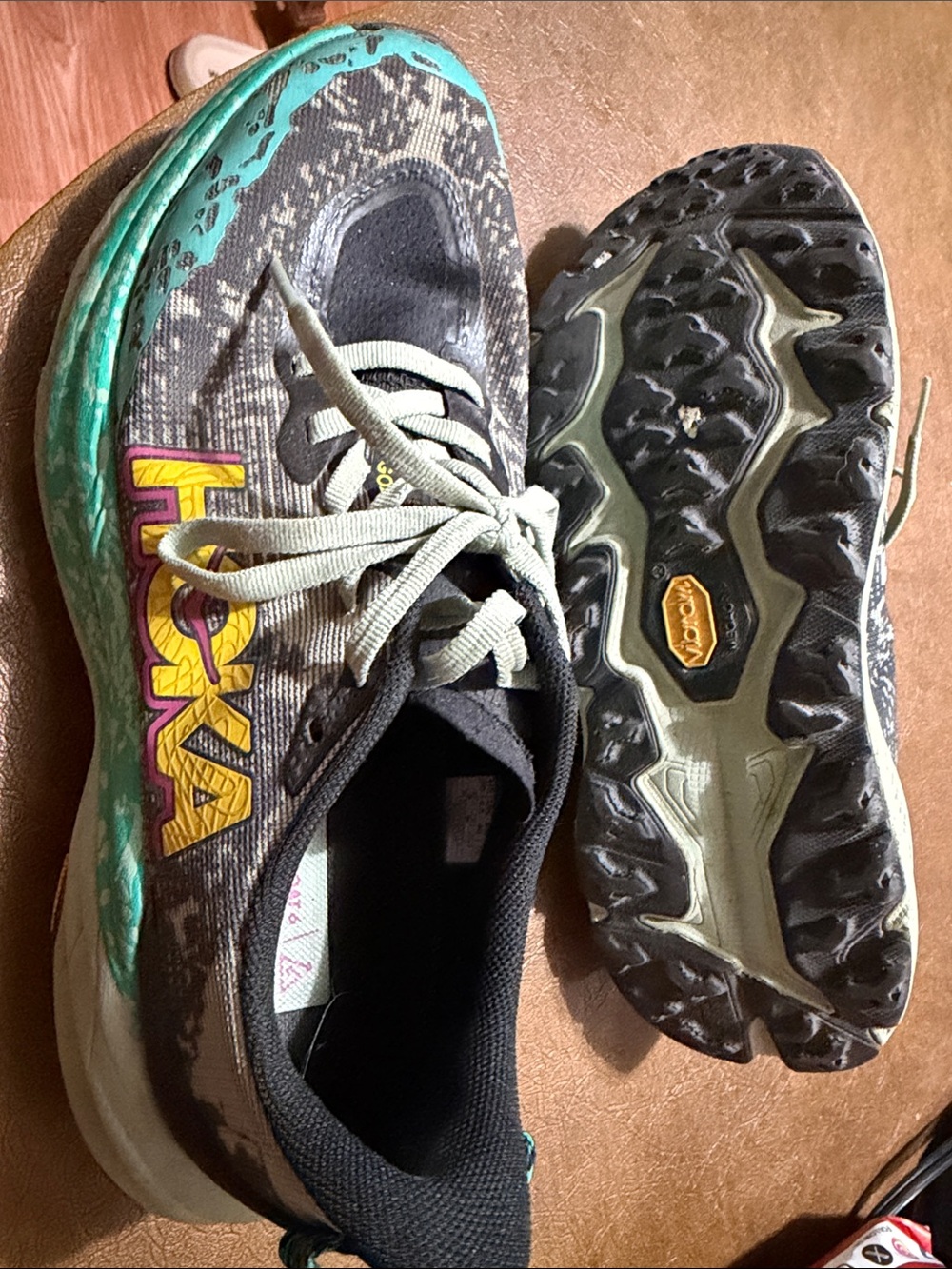 Hoka Trail Running Shoes in Teal, Black and Yellow